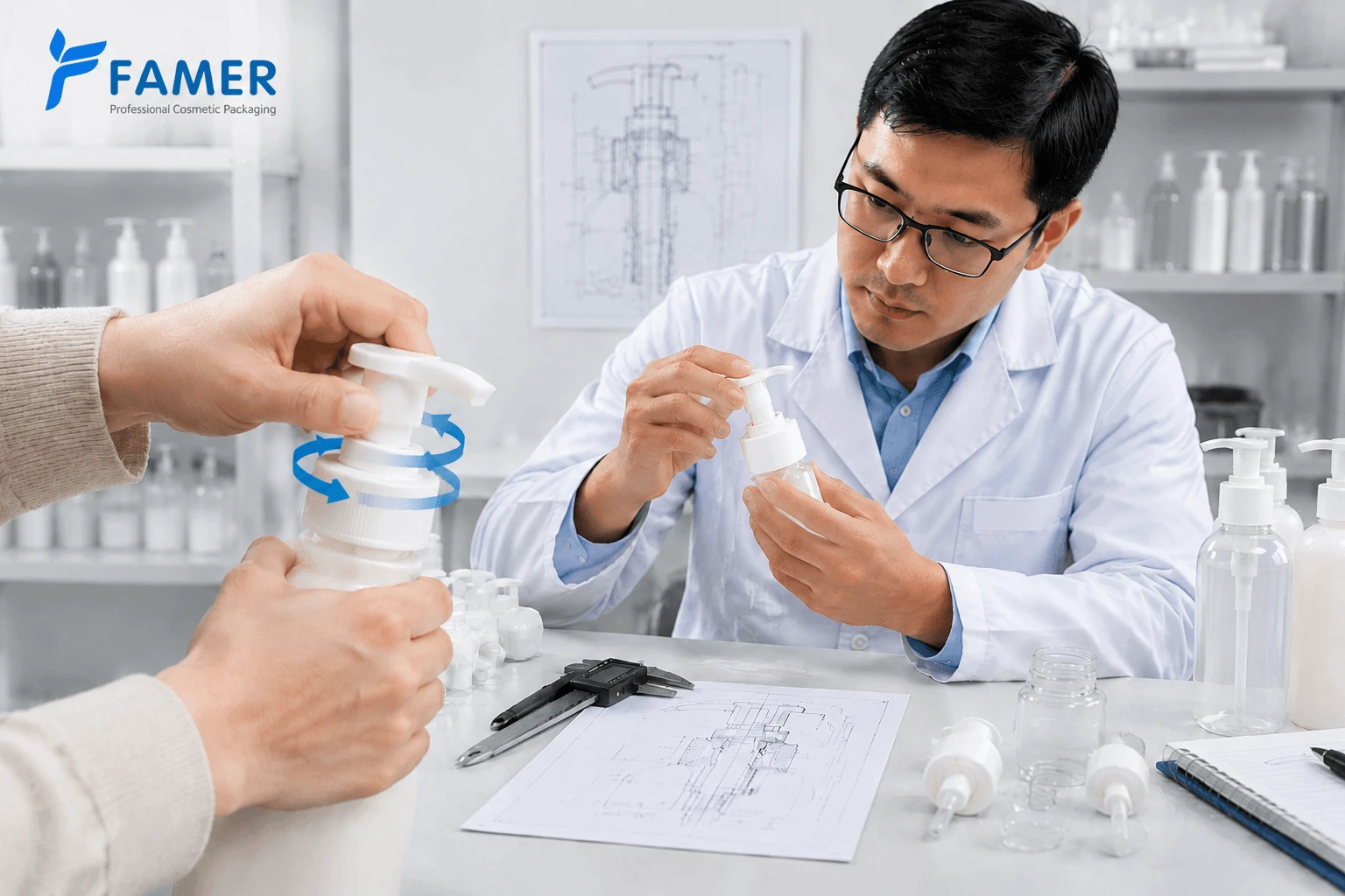 Packaging engineer inspecting a stuck cosmetic pump bottle Packaging engineer inspecting a stuck cosmetic pump bottle
